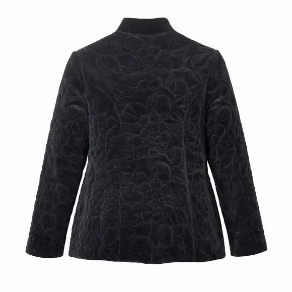 Vintage Quilted Black Velvet Mandarin Collar Jacket Women's Asian Inspired Coat - Picture 3 of 15